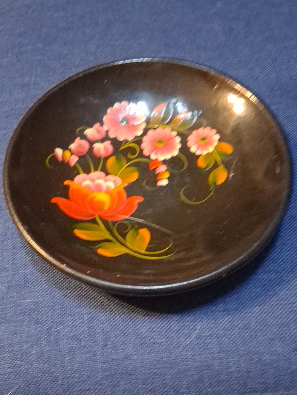 Black Hand-Painted Italian Floral Decorative Plate - Pink & Orange